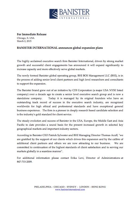 BANISTER INTERNATIONAL BHI BOS Press Release March 2 2015